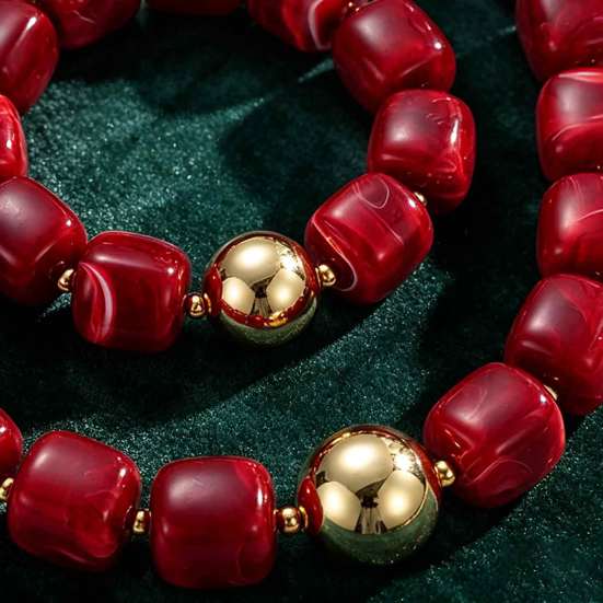 Chic Retro Style Jewelry Accessories 1 Set Red Beaded Bracelet Necklace, Acrylic Square Bead Choker Comfortable Lightweight Neck And Set, Chunky