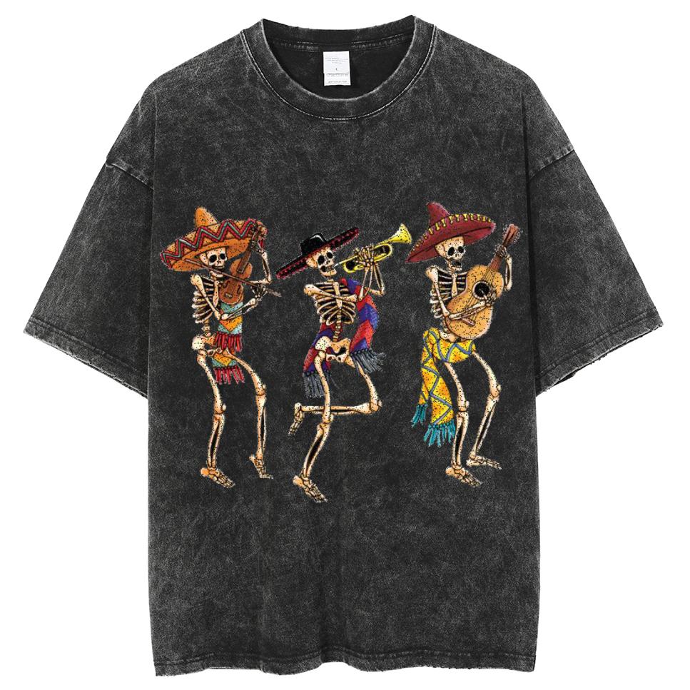 Musik Totenkopf Print Günstig Damen Waschen T-Shirt Locker Übergroß Paar Kurzarm Street Hip Hop Oberteil Teen T-Shirts