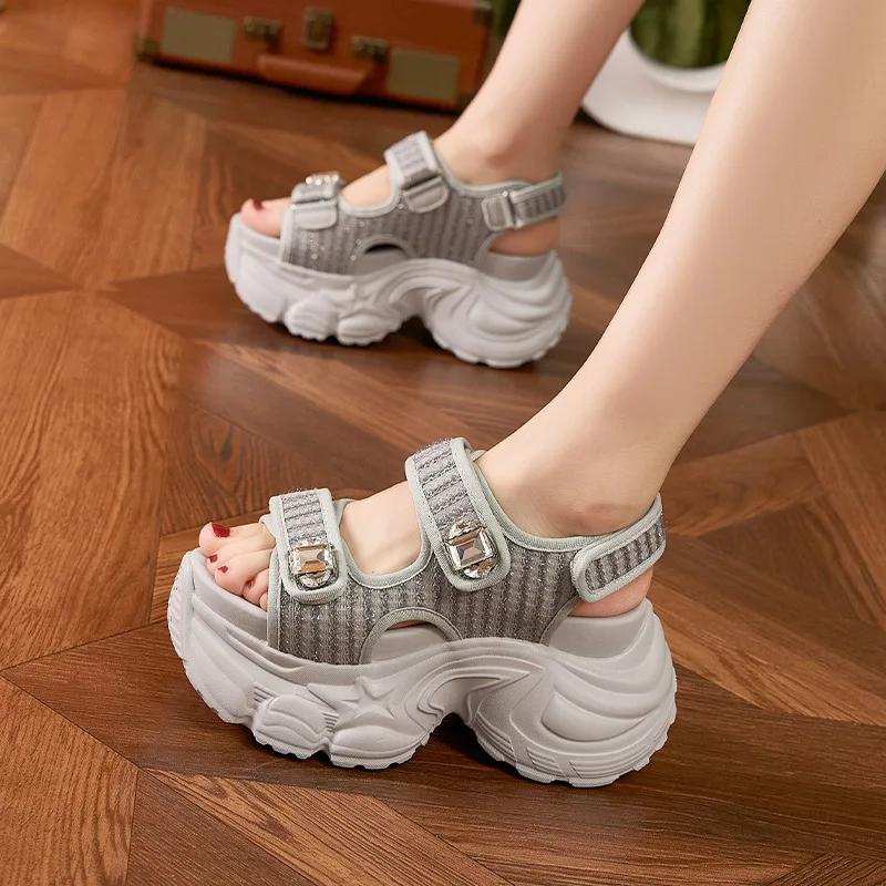 Fashion 9CM Women's Thick Heels Sandals Summer Breathable Slip-On Slippers Magic Tape Leather Beach Sandals Bling Diamond Casual Shoes