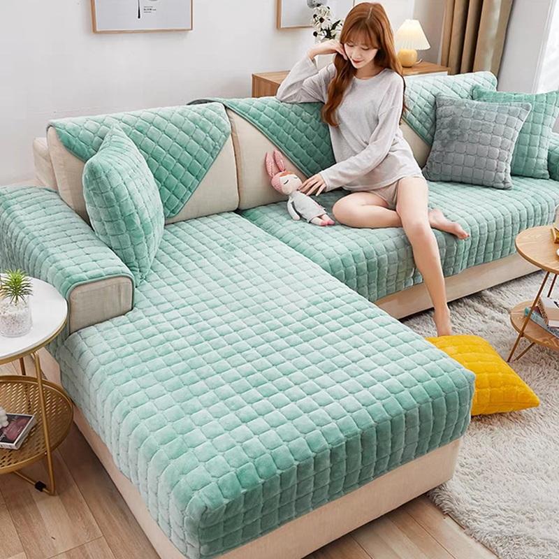 Warm Plush Sofa Cover Winter Thickened Universal Non-Slip Living Room Sofa Cushion Solid Color Velvet Sofa Backrest Armrest Towe