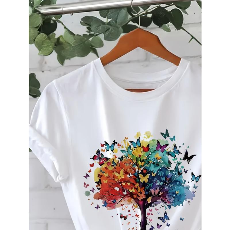 European Size European Size Women's  Short-Sleeve T-Shirt with Tree Print - Casual Round Neck Blouse, Spring Summer Casual Attire