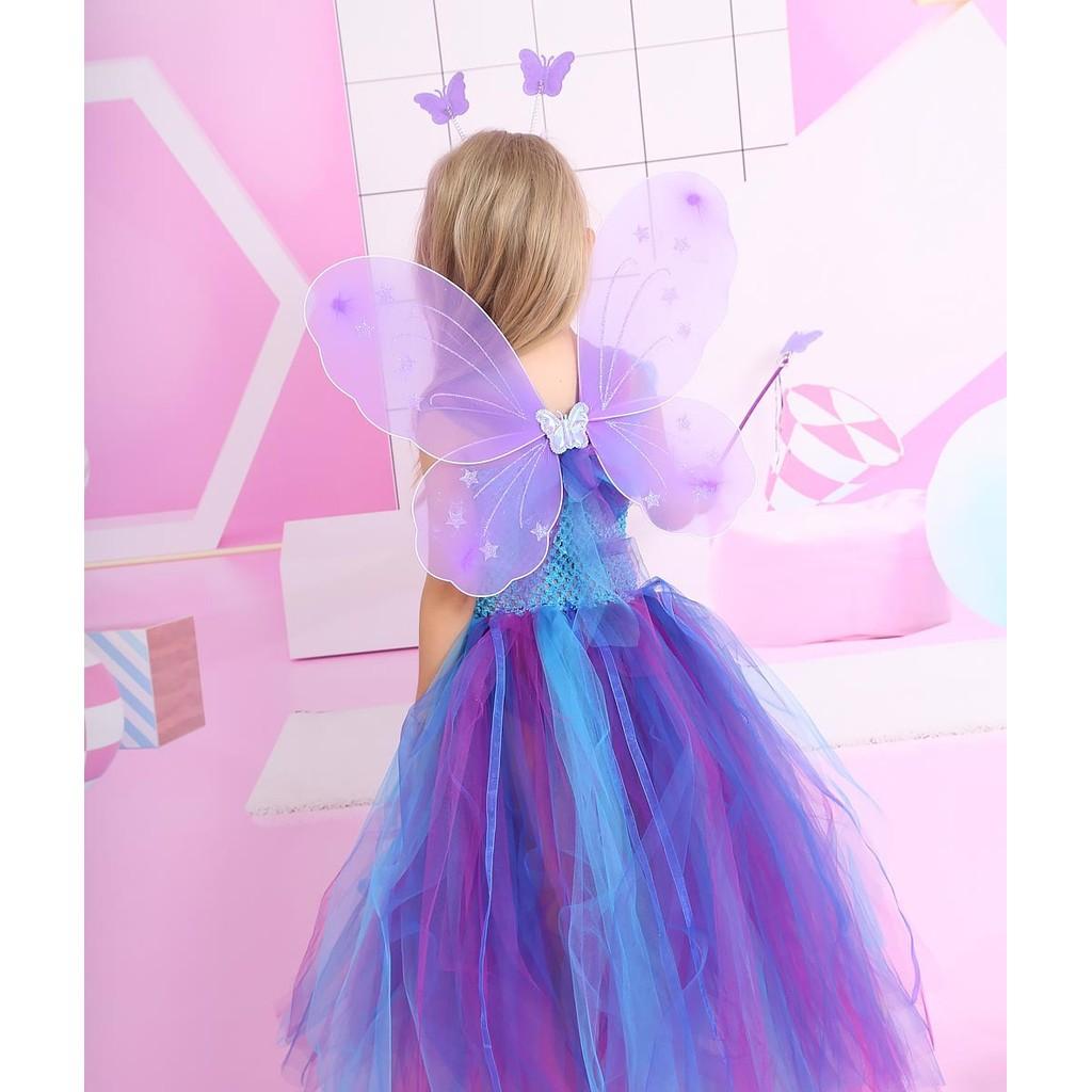 Kids Girls Flower Fairy Mesh Tutu Dress Headwear Wings Set Children Halloween Cosplay Costumes Child Pretend Princess Party Role Play Outfit