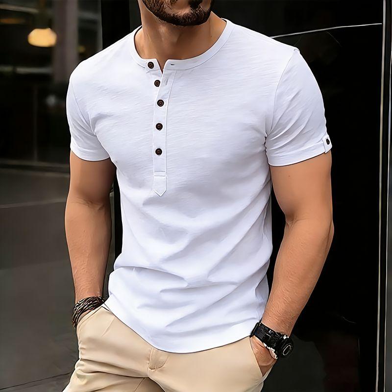 

Men s Summer Hip Hop Streetwear Solid Color T-Shirts Bamboo-Handled Henry Collar Casual Button Short Sleeve Top Tees XXL білий