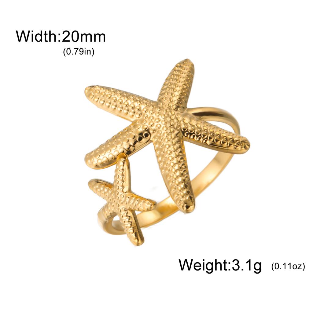 Lemegeton Ocean Star Fish Shell Open Ring Women's Gold Stainless Steel Ring Summer Beach Wind Waterproof Jewelry