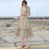 Vestido francés de gasa con cuello en V y flores, versión coreana de verano, cintura oculta, elegante, suelto, talla grande