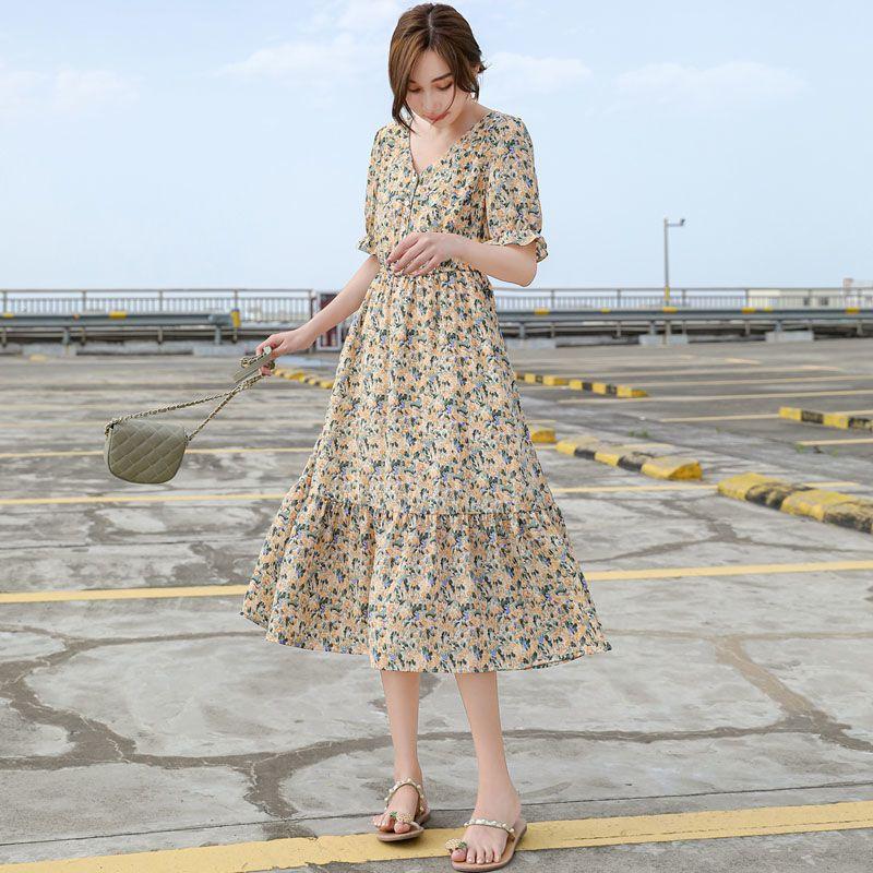 Vestido francés de gasa con cuello en V y flores, versión coreana de verano, cintura oculta, elegante, suelto, talla grande