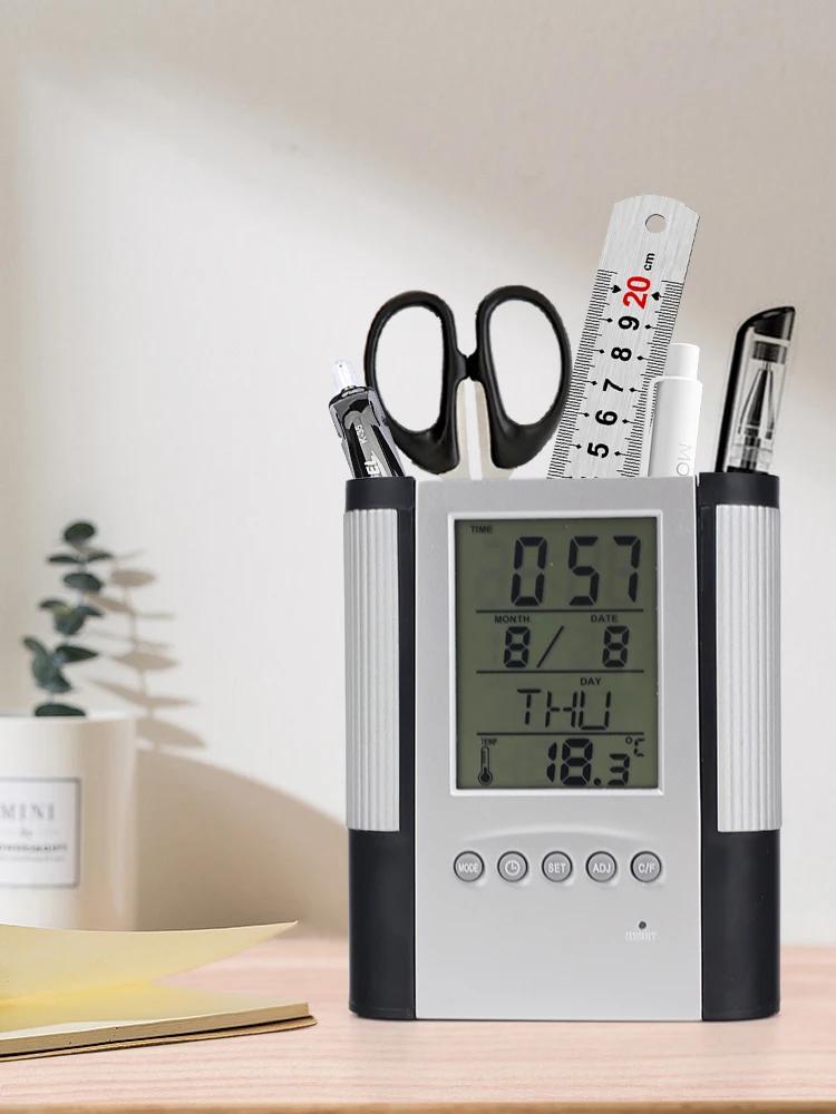 Portapenne con calendario perpetuo, base antiscivolo, visualizzazione data e ora, rilevamento temperatura, portapenne con orologio decorativo da tavolo