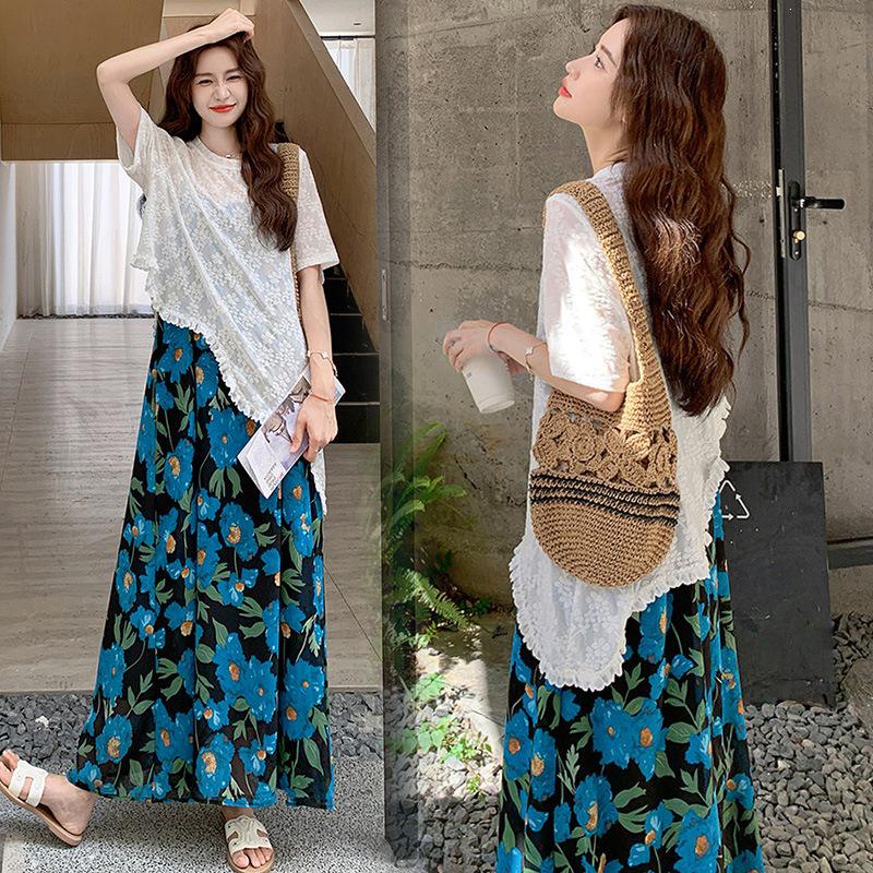 2026 Korean Style Maternity Set: Irregular Lace Top + Blue Floral Skirt Medium
