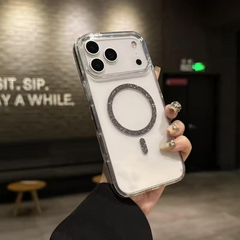 Luxury Glitter Bling For Magsafe Wireless Charge Circle Phone Case For iPhone11 12 13 14 15 16 17 Pro Max Plus 16e Clear Cover