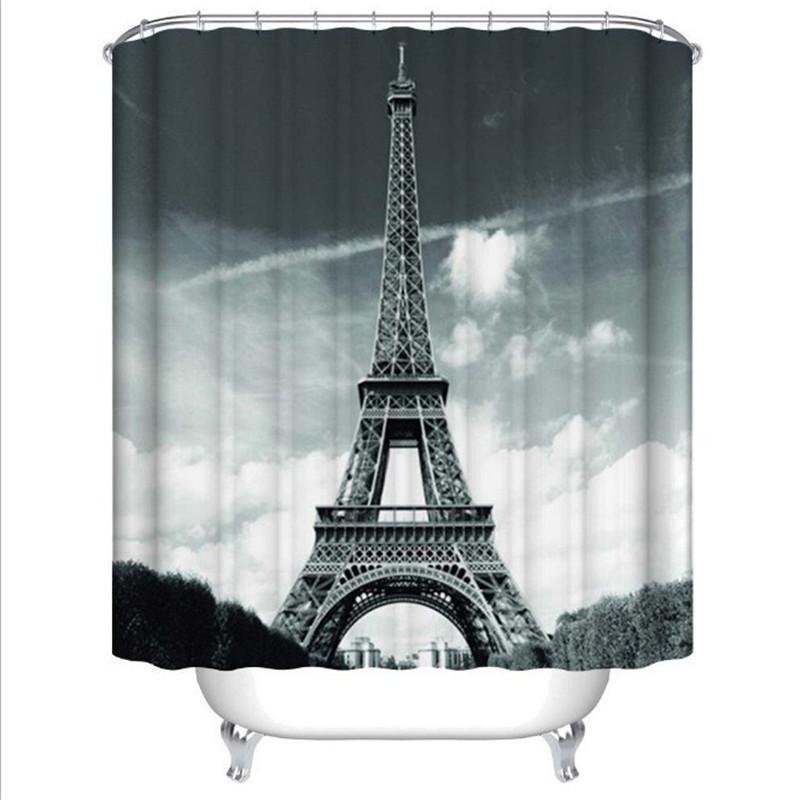 Eiffel Tower Themed Polyester Shower Curtain With Urban Night Scene For Home Improvement