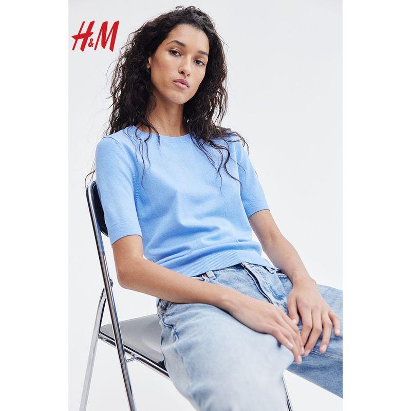 

HM Women s Woolen Sweater Summer Fashion Fine Knitting round Neck Short-Sleeved Underwear Sweater Top 1260797 White/Stripes 155/76(XXS)