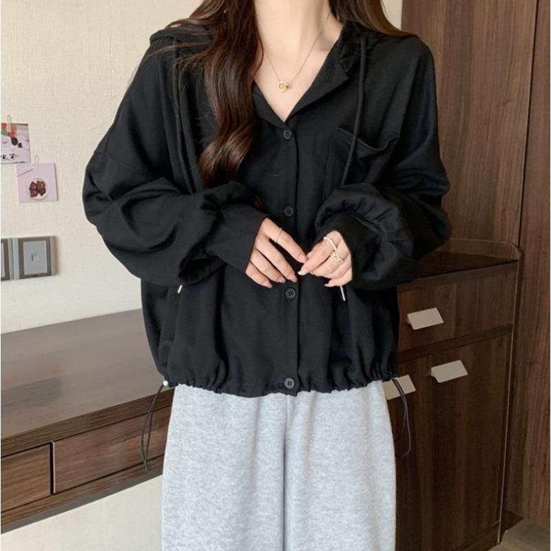 Sweater jacket women's new thin loose hooded button-up cardigan versatile top