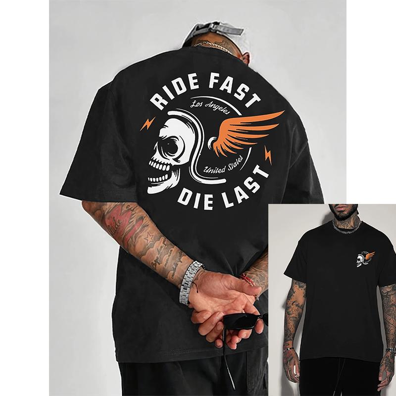 Mens RIDE FAST Skull Pattern Tshirt Casual Summer  with Bold Ride Fast Print and Wing Design Shortsleeved Round Neck