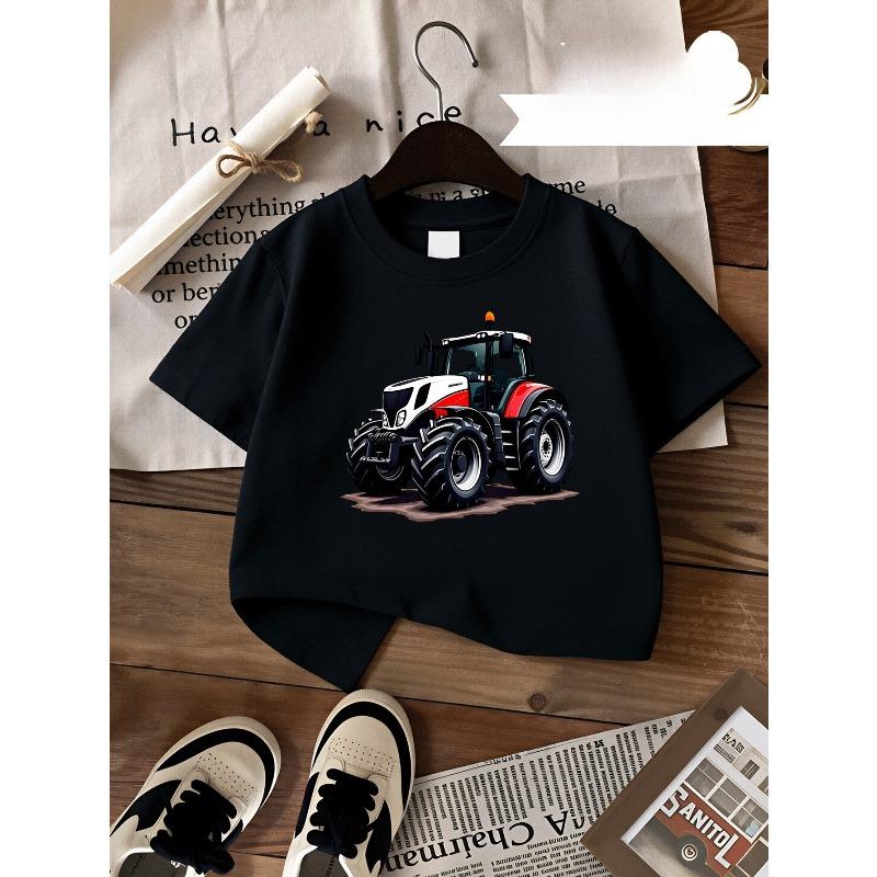 European Sizes Boys' Cotton T-shirt Tractor Design Pattern Print Artwork Machine Washable, Suitable for All Seasons, Ideal for Outdoor Activities