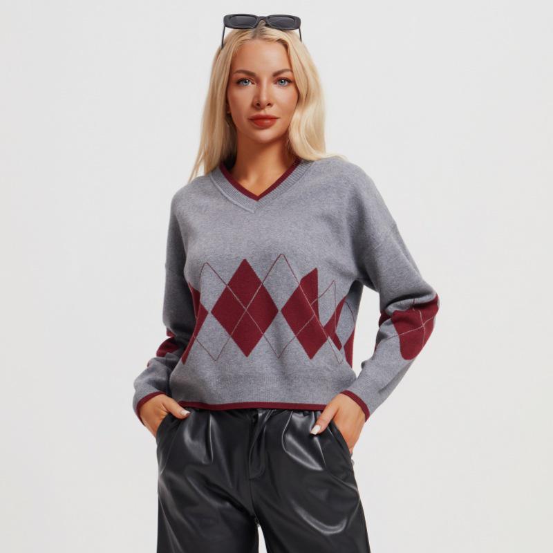 Early Autumn V-Neck Diamond Knit Sweater for Women