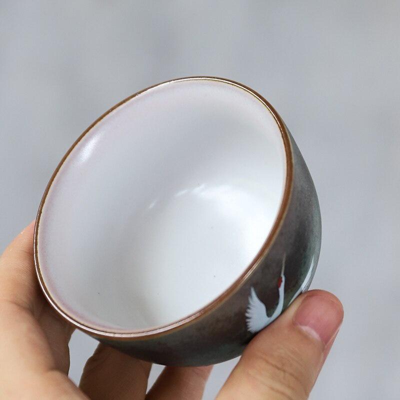 70ml Handmade Ceramic Tea Cup Kung Fu Japanese Tea Set Radiant Crane Auspicious Cup