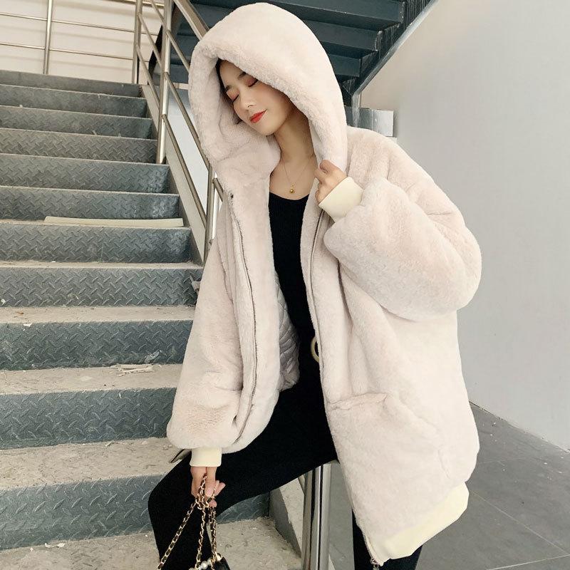 

Autumn and winter loose plush jacket women s imitation Rex rabbit fur medium and long thickened hooded coat S