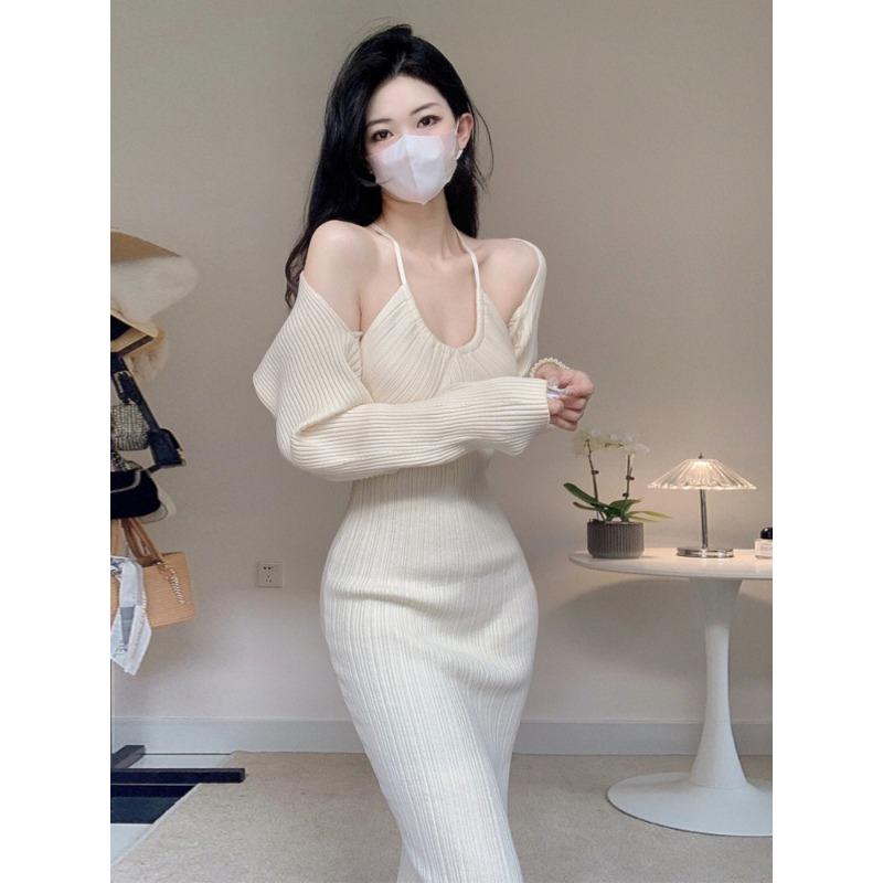 

Платье-шаль с длинными рукавами, с вырезом-петлей на шее, с юбкой на бедрах, осеннее, красивое, с тонкой талией, вязаное платье-комплект XL белый