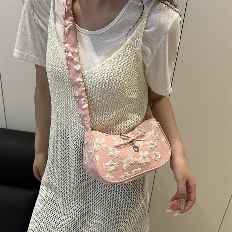 Bow Floral Print Pleated Crescent Bag Shoulder Bag Women'S Trendy Crossbody Bag Girl Sweet Handbag High-End Commuter Bag