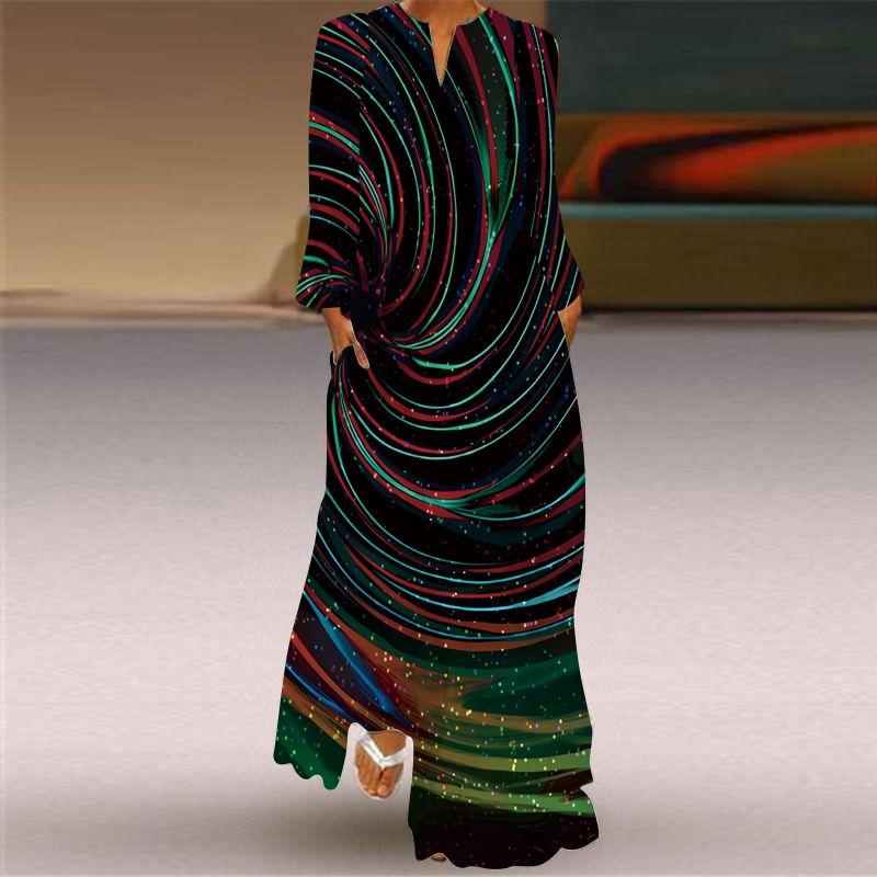 Long Sleeve Dress Classical Beauty Pattern Print Dress Stage Show Performance Wear Travel Photography Clothes