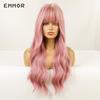 Water Wavy Wig for Women Long Pink Wavy Synthetic Wigs with Bangs Heat Resistant Fiber Daily Cosplay Hair