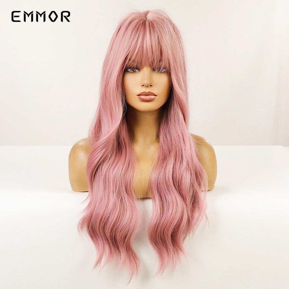Water Wavy Wig for Women Long Pink Wavy Synthetic Wigs with Bangs Heat Resistant Fiber Daily Cosplay Hair