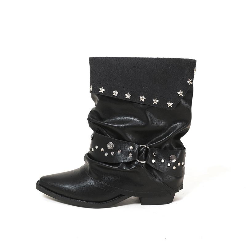 Short Boots Women'S Black Coarse Heel Belt Buckle Autumn Boots Spice Girl Rivet Pointed Knight Boots Pile Boots