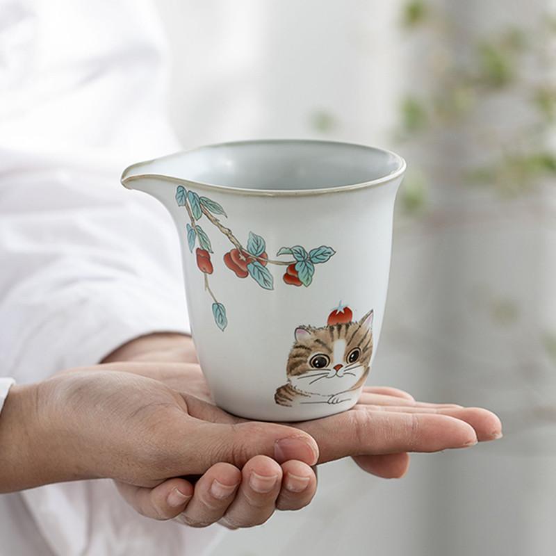 200ml Chinese Tradition Ru Kiln Fair Cup Cute Cat Pattern Ceramic Teacup Beauty Tea Infuser Master Handmade Tea Set Accessories