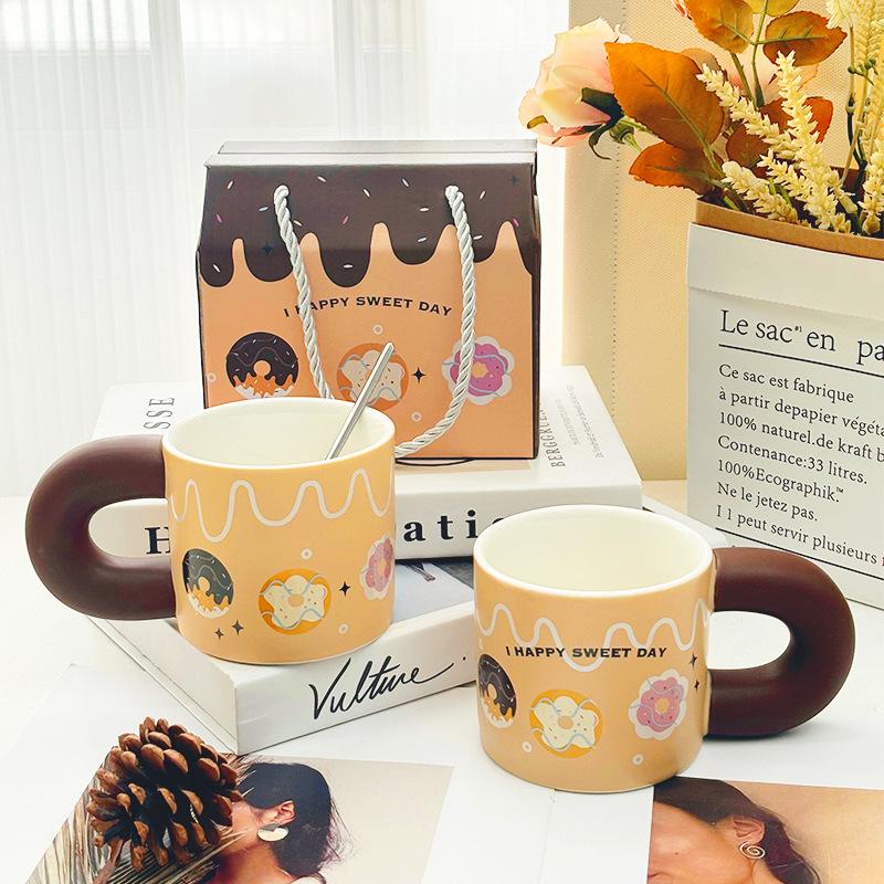 Donut Cute Mug Soft Hand Gift Box Cartoon Ceramic Fat Cup Couple High Pretty Water Cup Holiday Gift