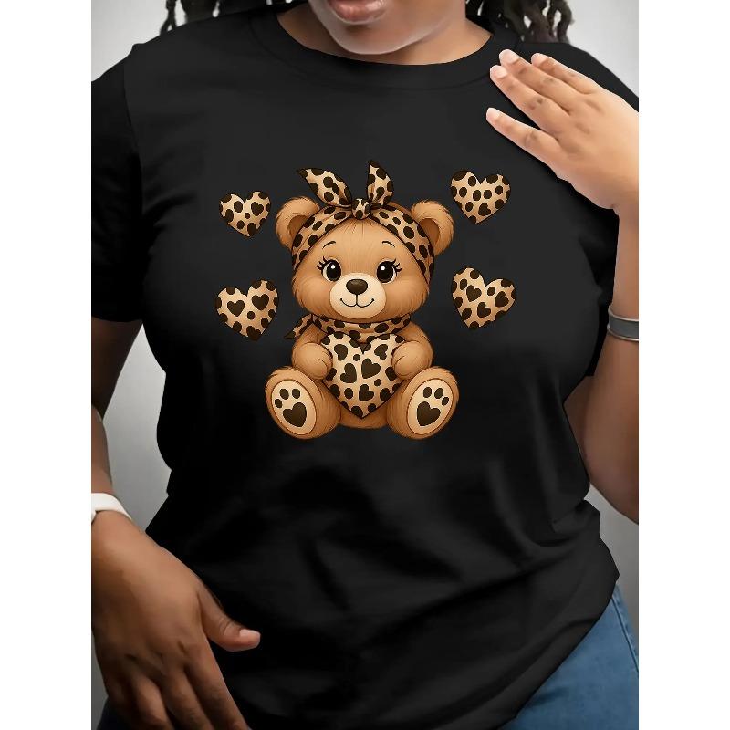 European Size Plus Size - Leopard Print Bear Design T-Shirt for Women - Soft and Stretchy Short Sleeve Top for Spring, Summer, and Autumn