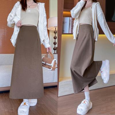 Jupe Midi Amincissante en Laine Kaki Taille Haute pour Femme - Coupe Trapèze, Moulante aux Hanches, Printemps/Automne 2026
