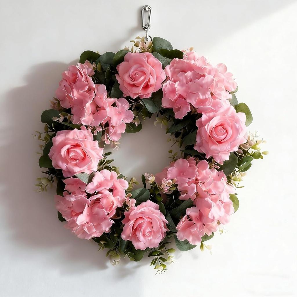 All-Season Artificial Rose Wreath with Embroidery Ball & Realistic Green Leaves - Plastic Flower Garland Suitable for Front Door