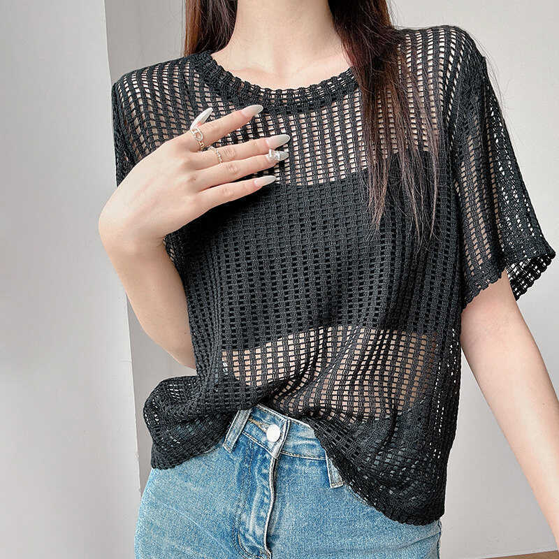 Summer Women's Knitted T-shirt Hollow Knitted Shirt Large Size Short Sleeved Shirt Outer Cover Top