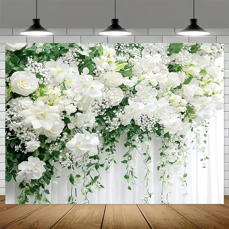 2D Printed Backdrop with White Roses, Greenery and Draped Curtains