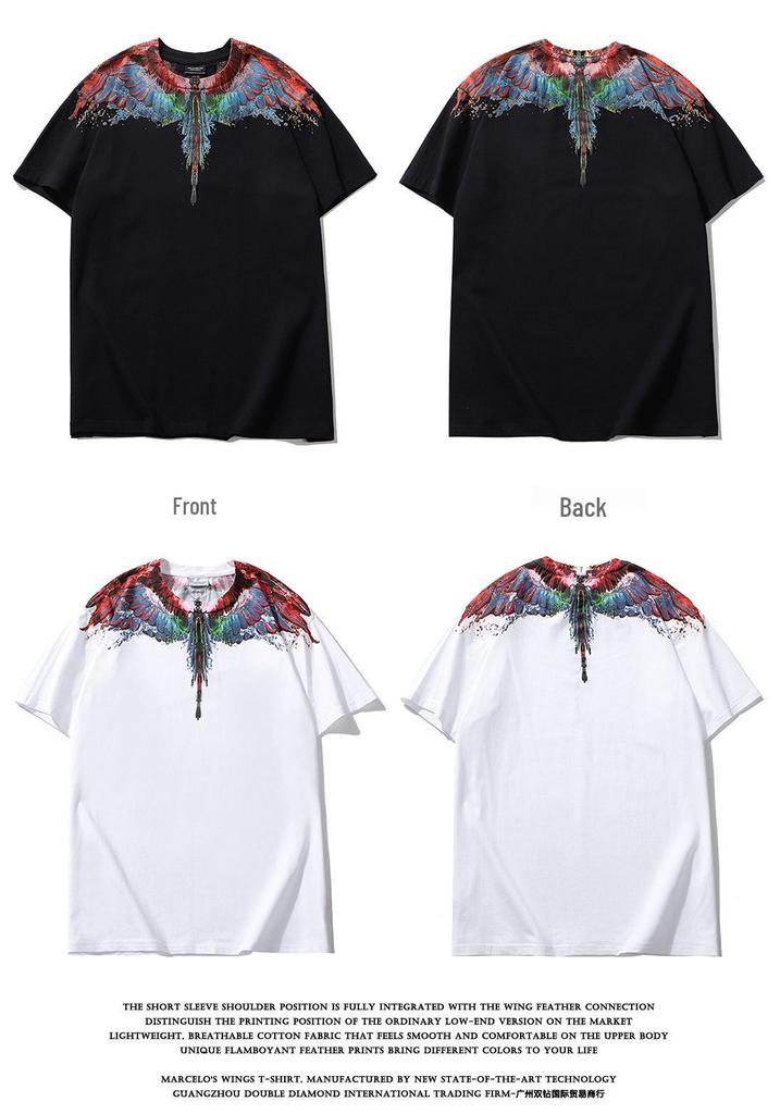 Marcelo Classic Phantom Wings Short Sleeve T-Shirt with Colorful Feathers and Lightning Design