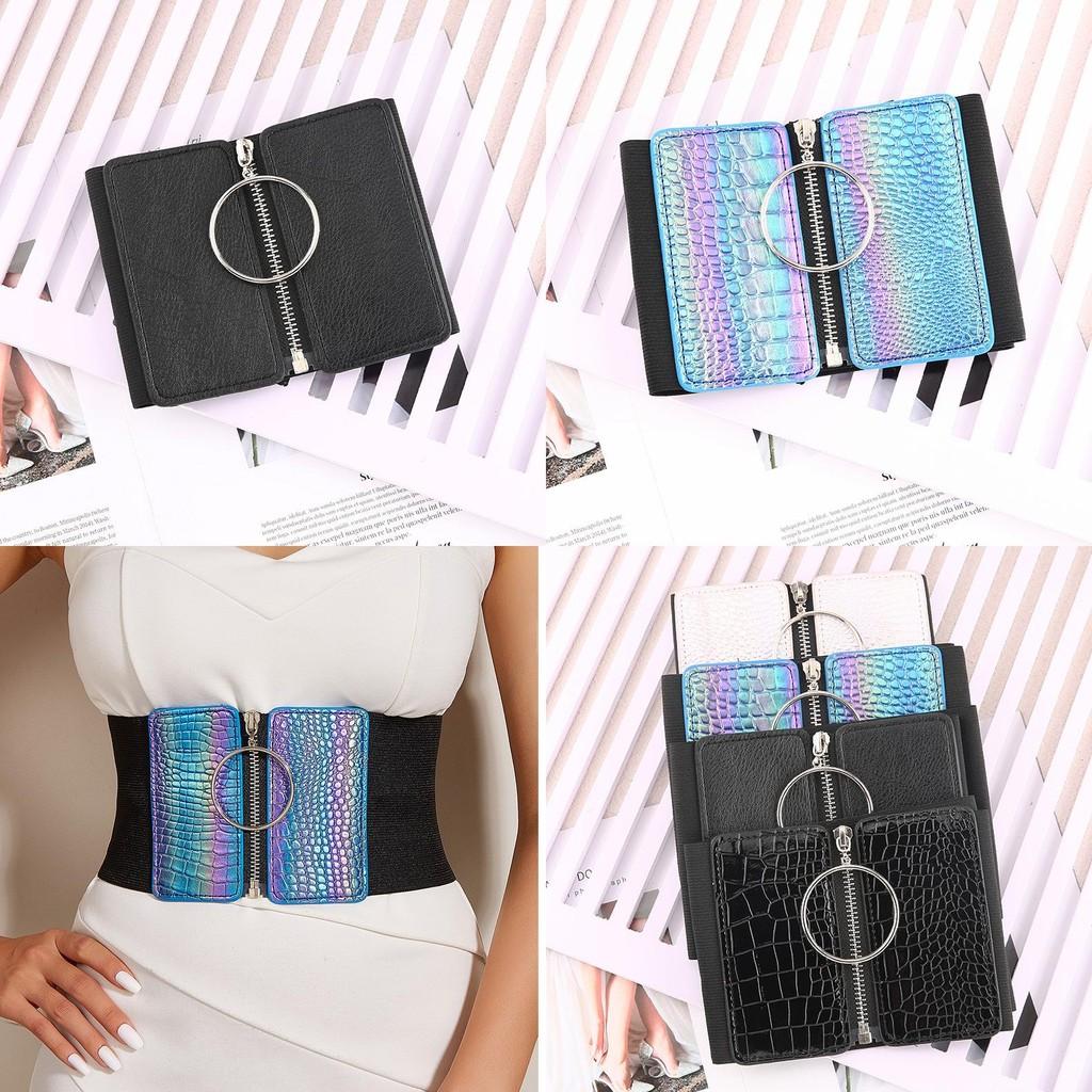 Ladies Wide Elastic Waist Belt With Zipper Ring Design Stylish Accessory For Casual Wear