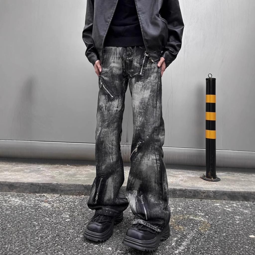 Washed tie-dye micro-pull jeans men's American vibe trendy brand retro ruffian handsome heavy industry niche zipper straight trousers
