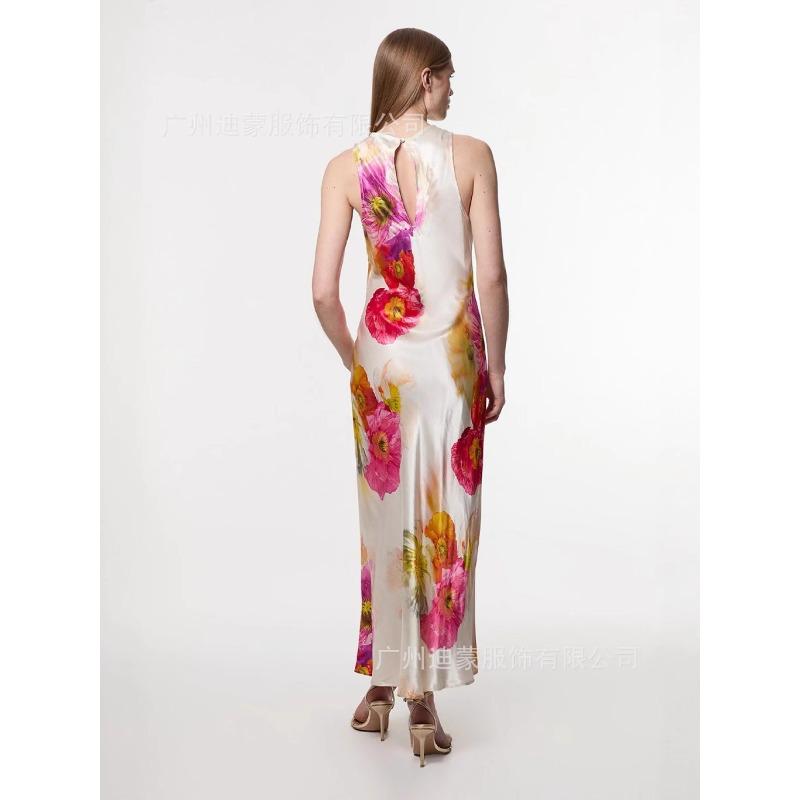 Damen Sexy Elegantes Feiertagsdruck Kontrastfarbe Nackenband Langes Schlitzkleid