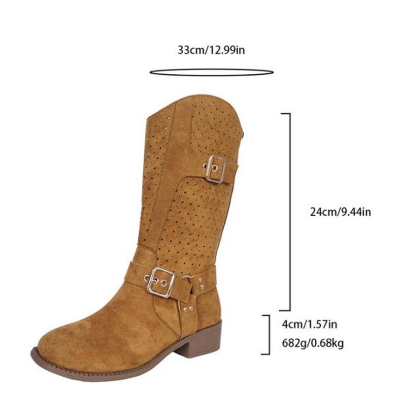 Suede Western Cowboy Boots Women 2025 Autumn Vintage Metal Buckle Black Ankle Boots Woman Thick Heels Side Zip Short Boties 42