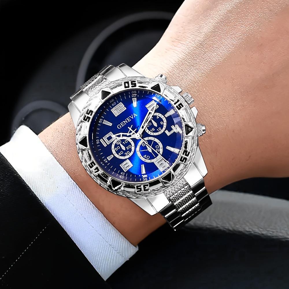 Geneva Blu-ray Glass Men's Watch Steel Belt Quartz Watch Three-eye Business Leisure Watch