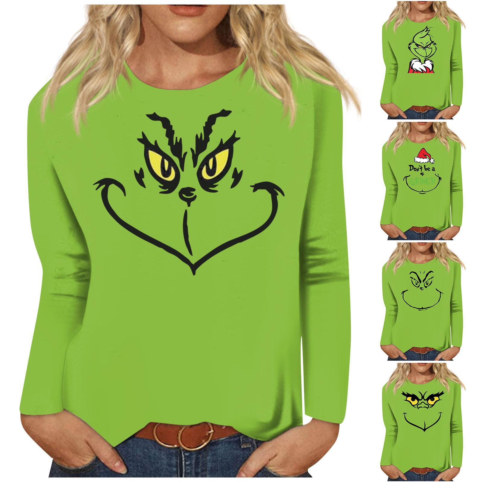 

Женская мода Повседневная футболка с длинным рукавом с рождественским принтом и круглым вырезом Топ