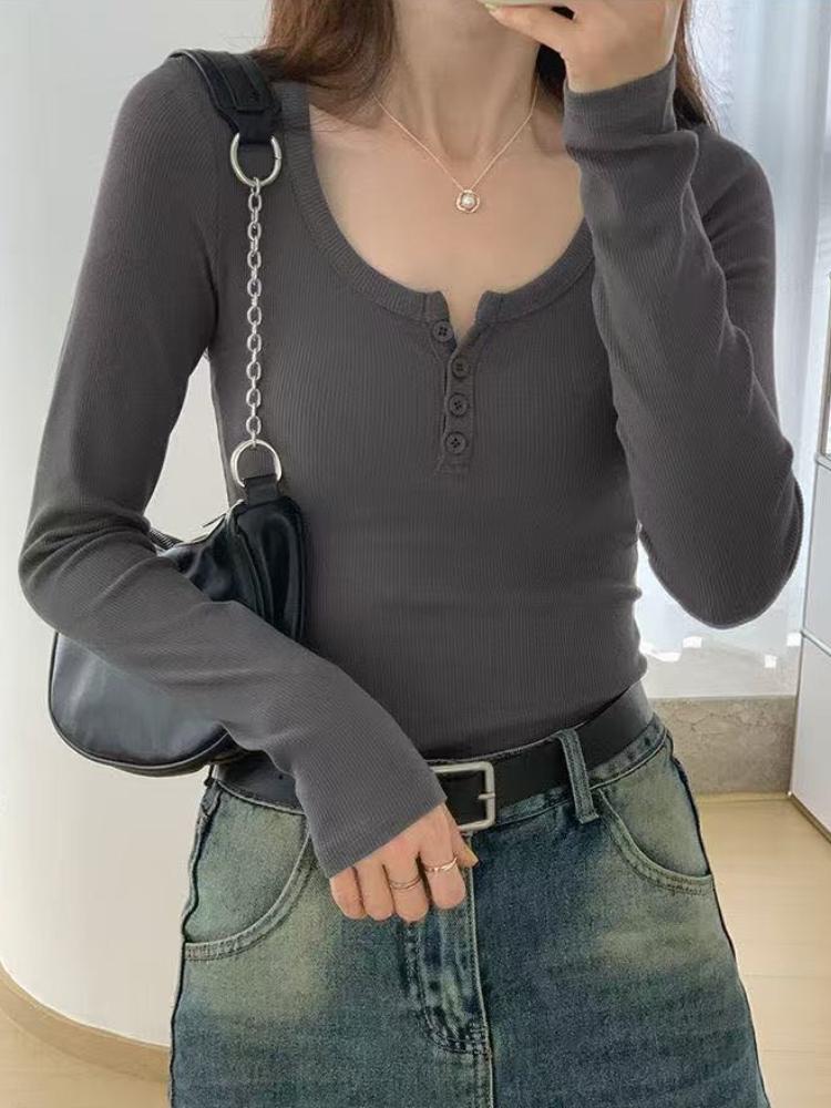 Korea Chic U-collar Base Bottom T-shirt Women Casual Long Sleeves Sweet Slim Tees Harajuku Solid Elegant Clothing Winter Winter