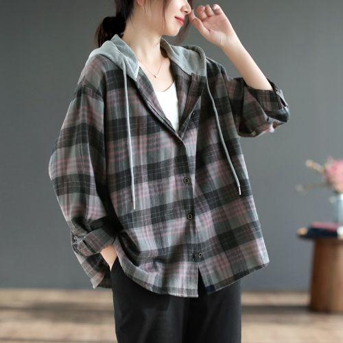 Damen-Shirt mit Kapuze, Kordelzug, lange Ärmel, kariert, Patchwork-Farbe, Hemdoberteil, einreihig, lockere Passform, Hemdmantel