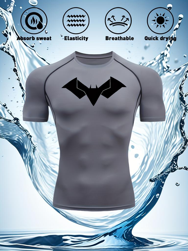 Mens White Compression Short Sleeve T-Shirt Black Bat Logo Graphic Absorb Sweat Quick Dry Breathable High Elasticity Gym And Running Athletic Top