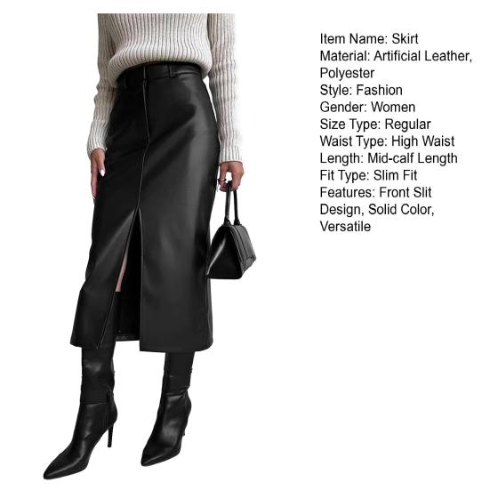 Autumn Winter Retro Skirt Faux Leather High Waist Skirt with Side Slits Solid Color Windproof Midi Skirt