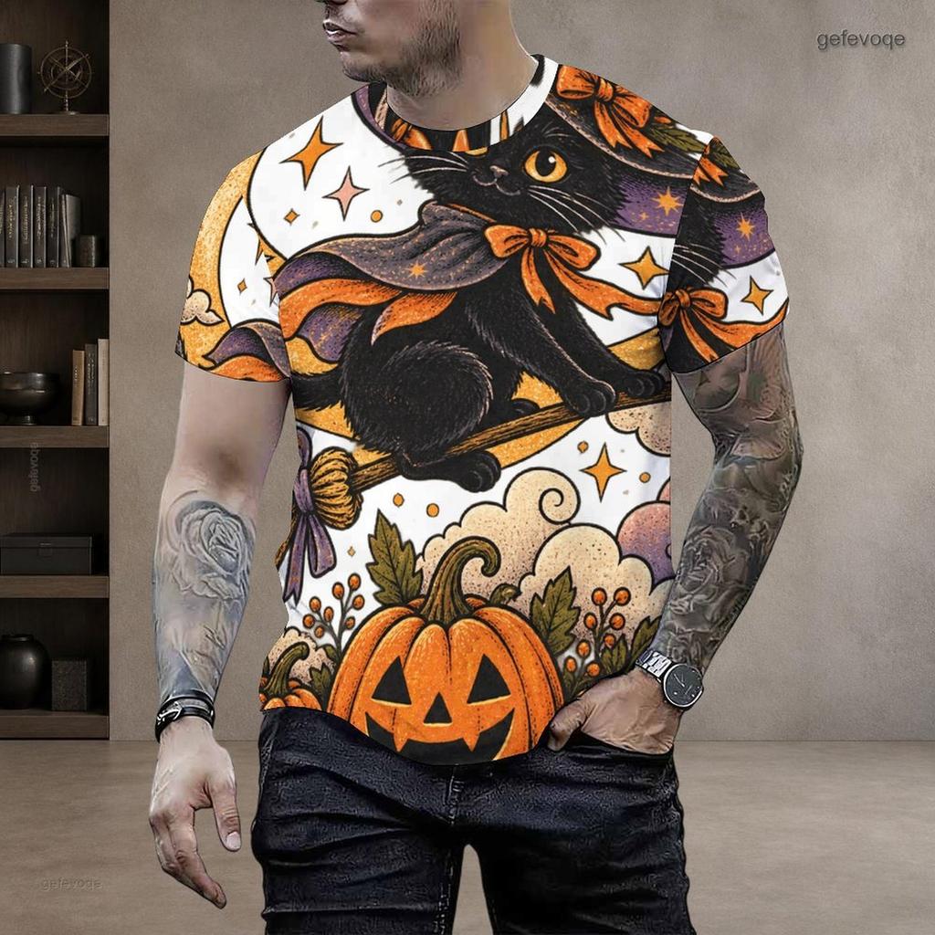 Men Plus Size Round Neck Short Sleeve T Shirt Printed Cute Cartoon Raccoon Witch Pattern
