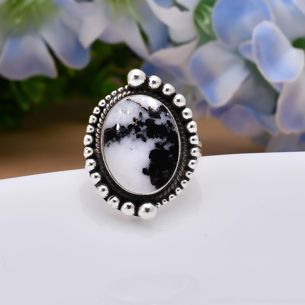 White Buffalo Turquoise - Nevada 925 Sterling Silver Ring V4994, Black & White Ring, Oval Ring, Valentin's Day Gift, Gift For Her, Birthday Gift, Hand