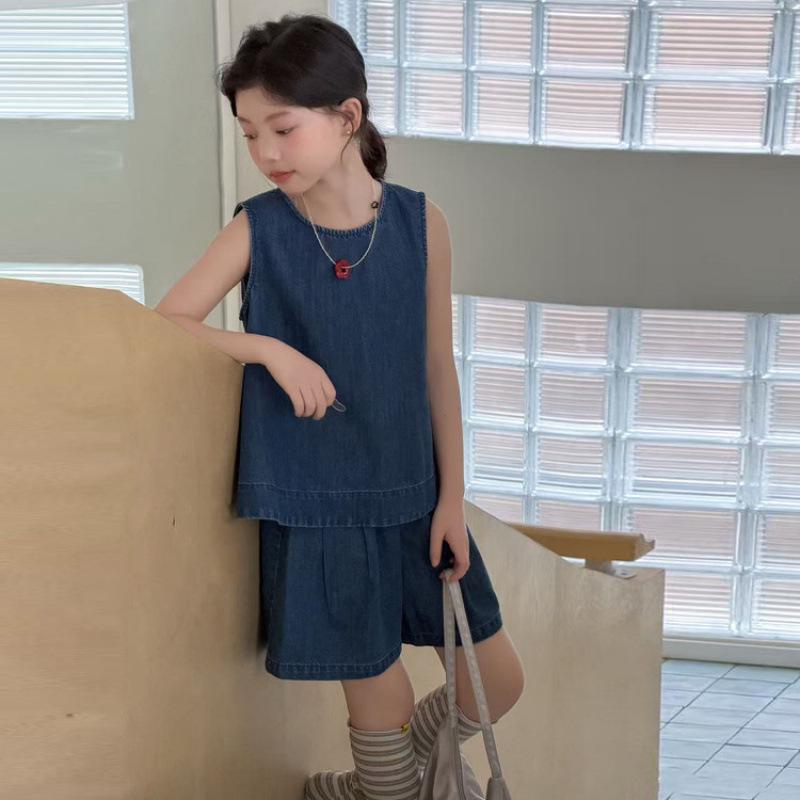 Girls Summer 2026 Denim Sleeveless Vest & Shorts Set 140 cm