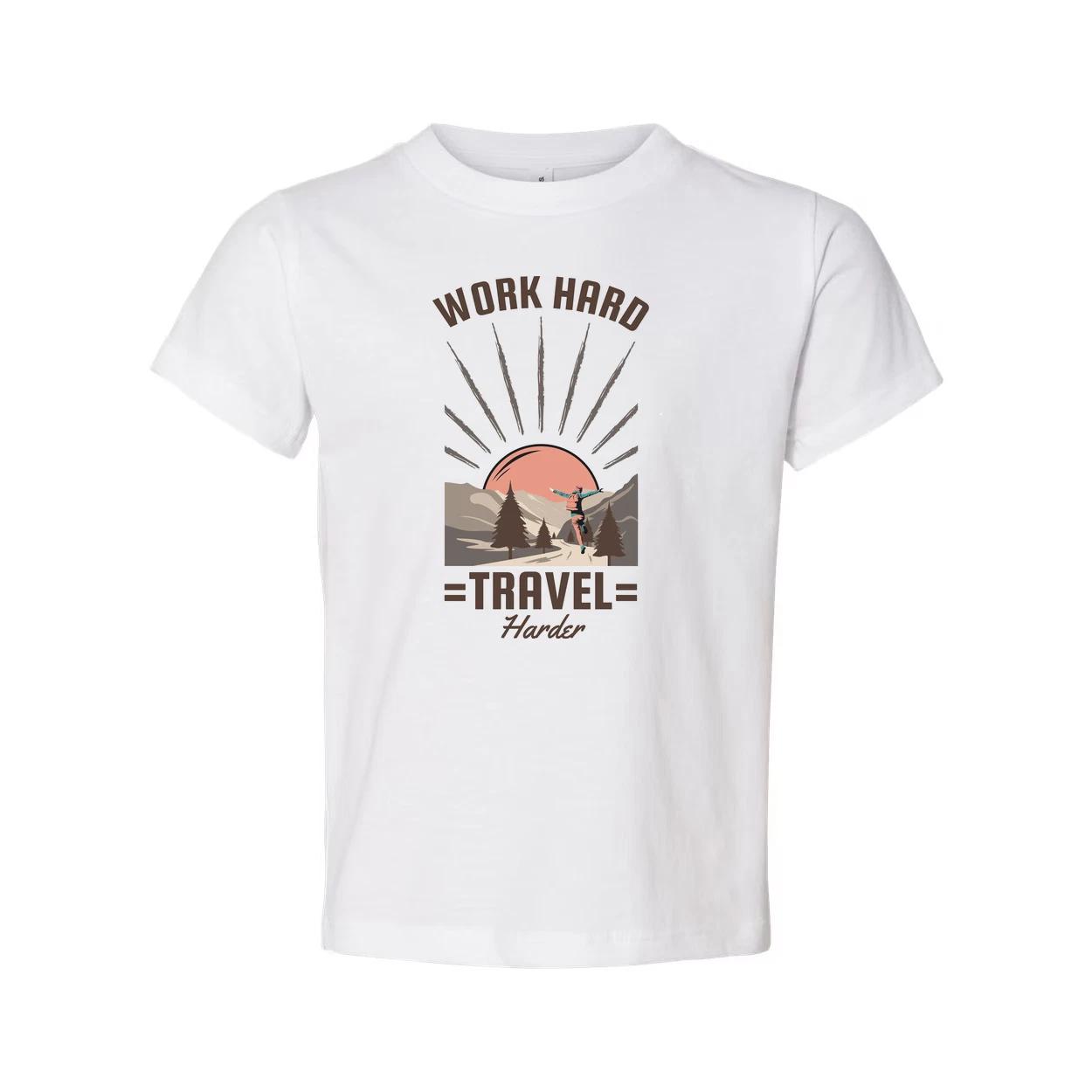 Work Hard Travel Harder Outdoor Adventure Graphic T Shirt With Sunrise Mountain 2XL