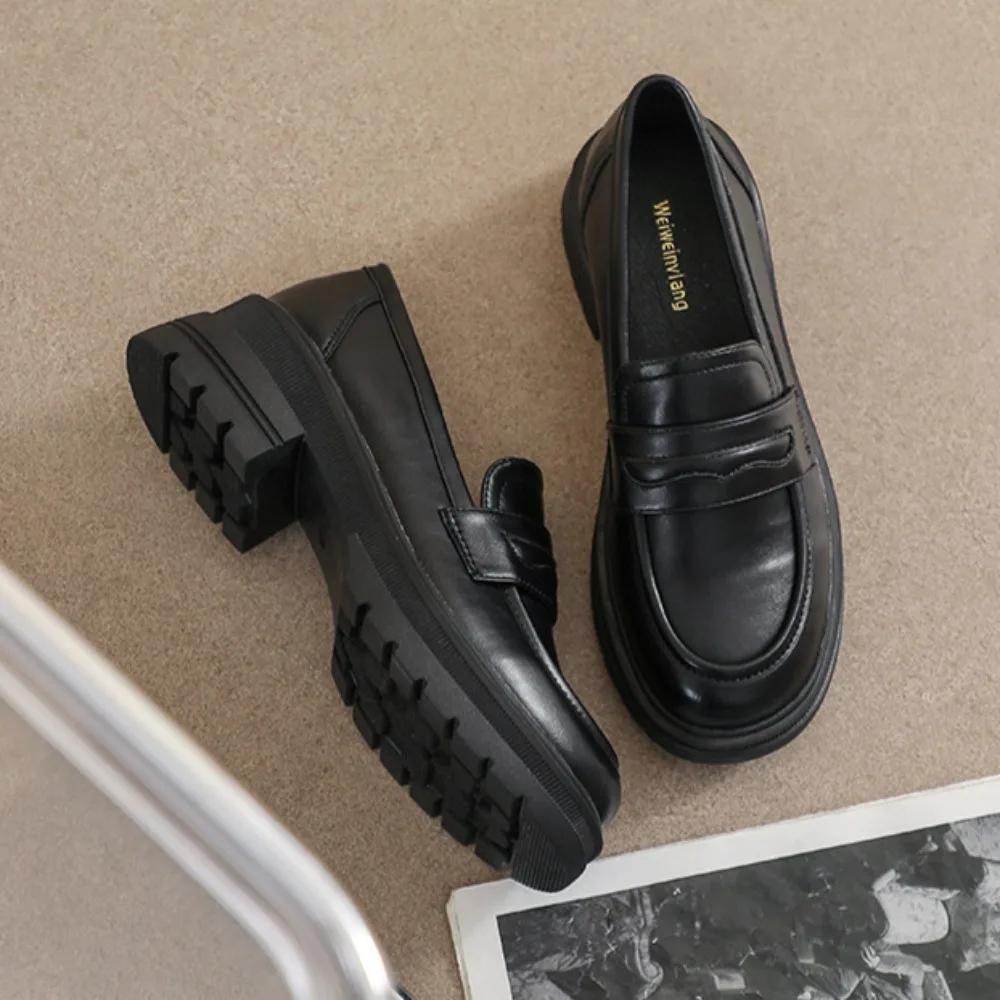 Platform Loafers Women's Shoes 2025 New Autumn Winter Vintage Leather Shoes with Thick Heels Soft Soles Single Shoes for Women